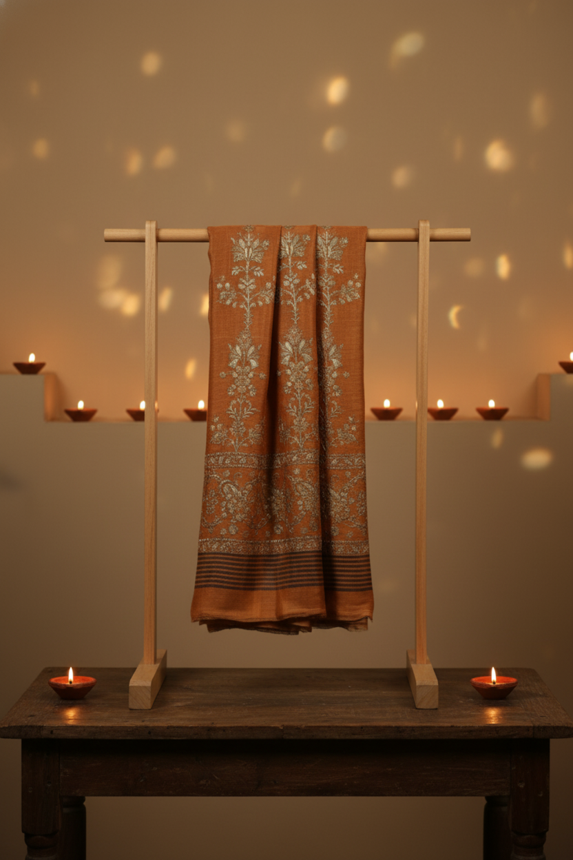 badamwari-zari-shawl-from-the-luxury-diwali-gift-collection-displayed-on-a-wooden-stand- surrounded-by-lit-diwali-diyas-creating-a-warm-and-festive-ambiance