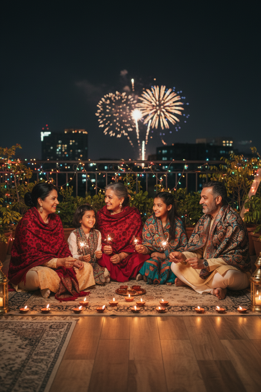 a family gathered together with lanterns in hand, illuminated by soft light, with kashmir bloom scarves and shawls wrapped around their shoulders.