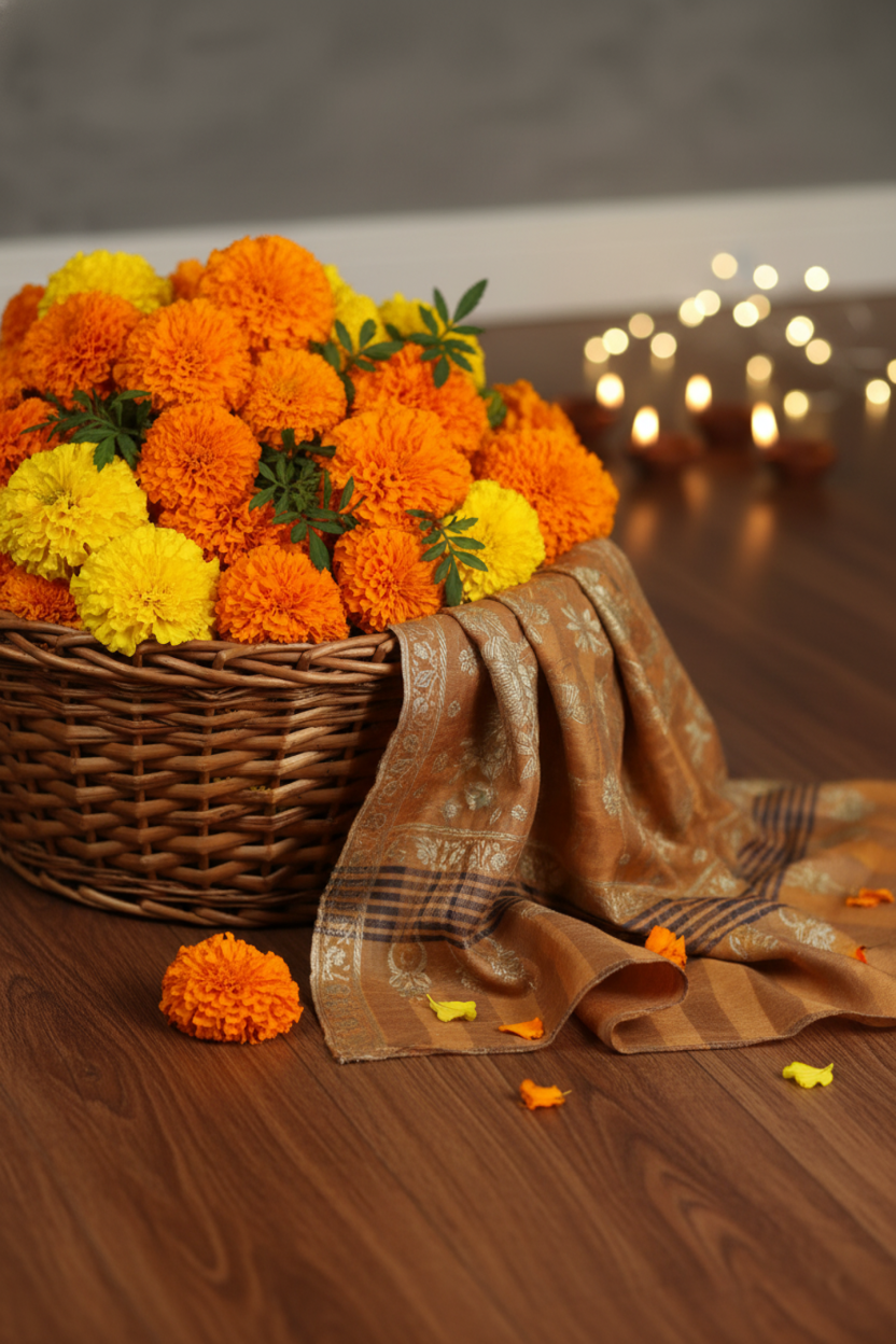 a basket of marigold flowers, traditionally used for Diwali decorations, placed beside soft, flowing badamwari-zari-handmade-shawl