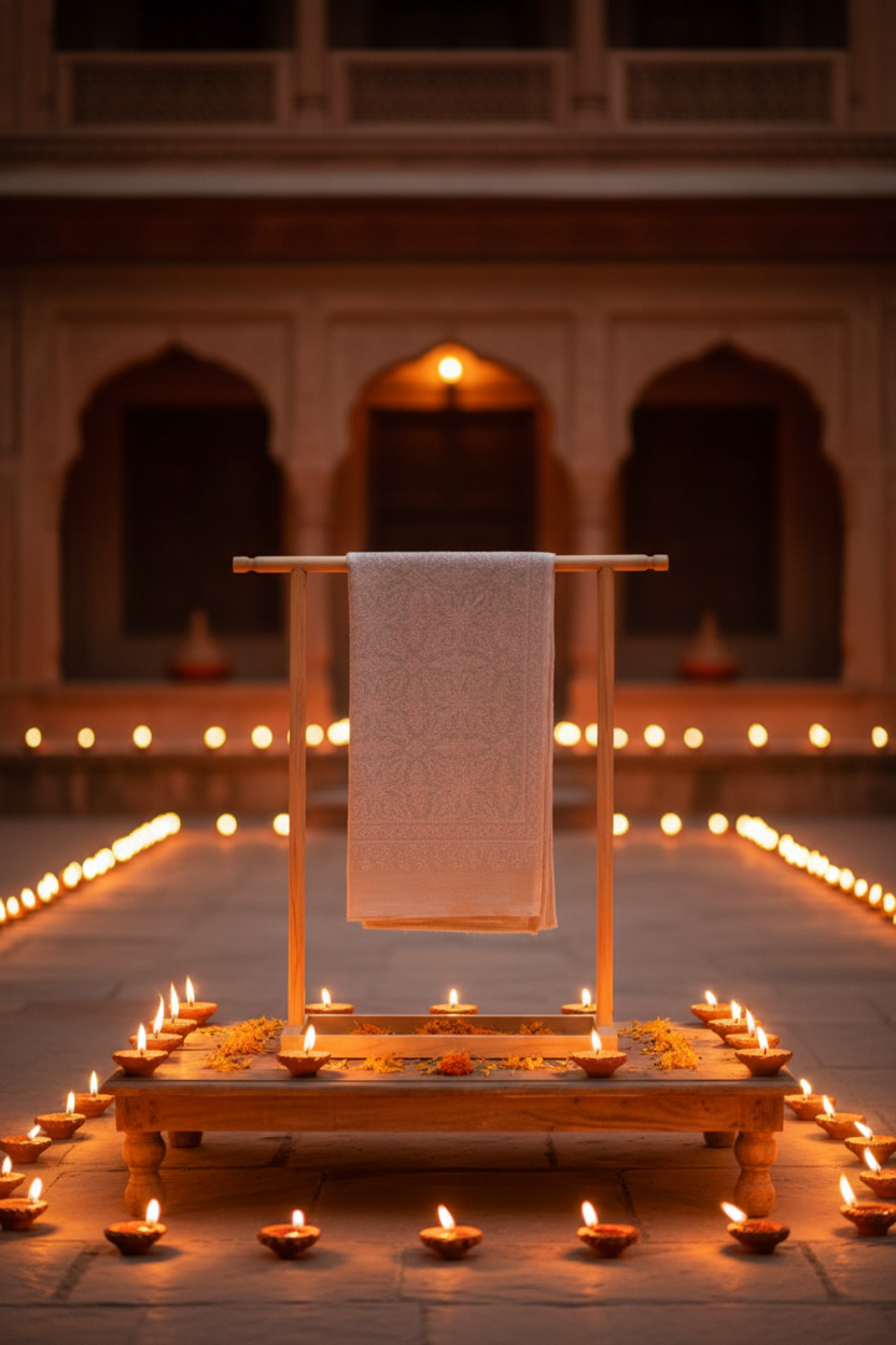 chand-e-dastak-shawl-from-the-luxury-diwali-gift-collection-displayed on a wooden stand, surrounded by lit Diwali diyas, creating a warm and festive ambiance
