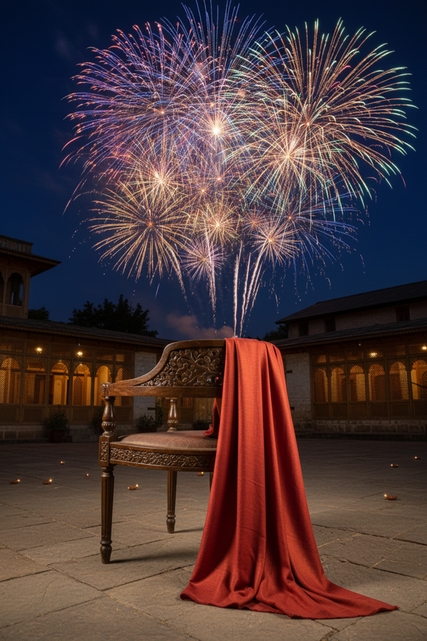fireworks lighting up the night sky with a luxurious pure hue scarf draped across a chair, symbolizing elegance amidst celebration.