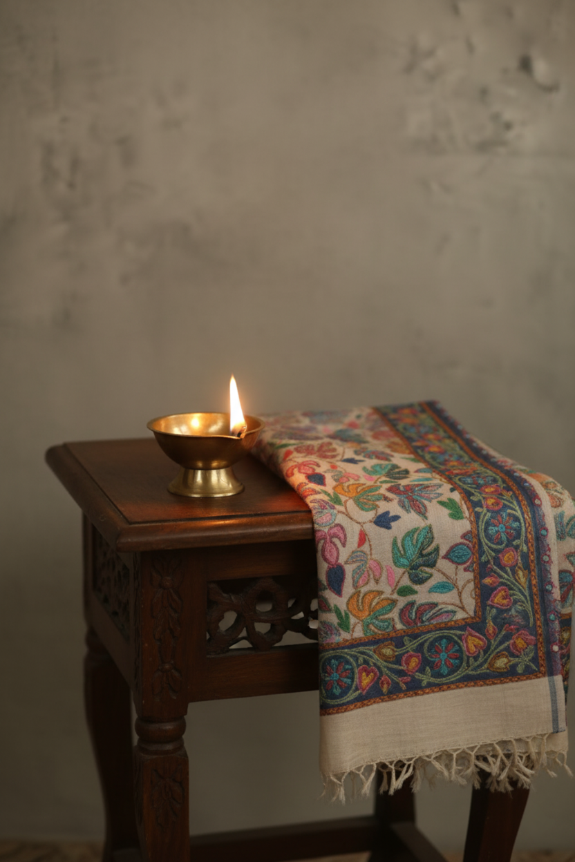 a traditional diya glowing softly in a dark room, with the warm light casting delicate shadows on the floor, highlighting the fabric royal-crest-shawl