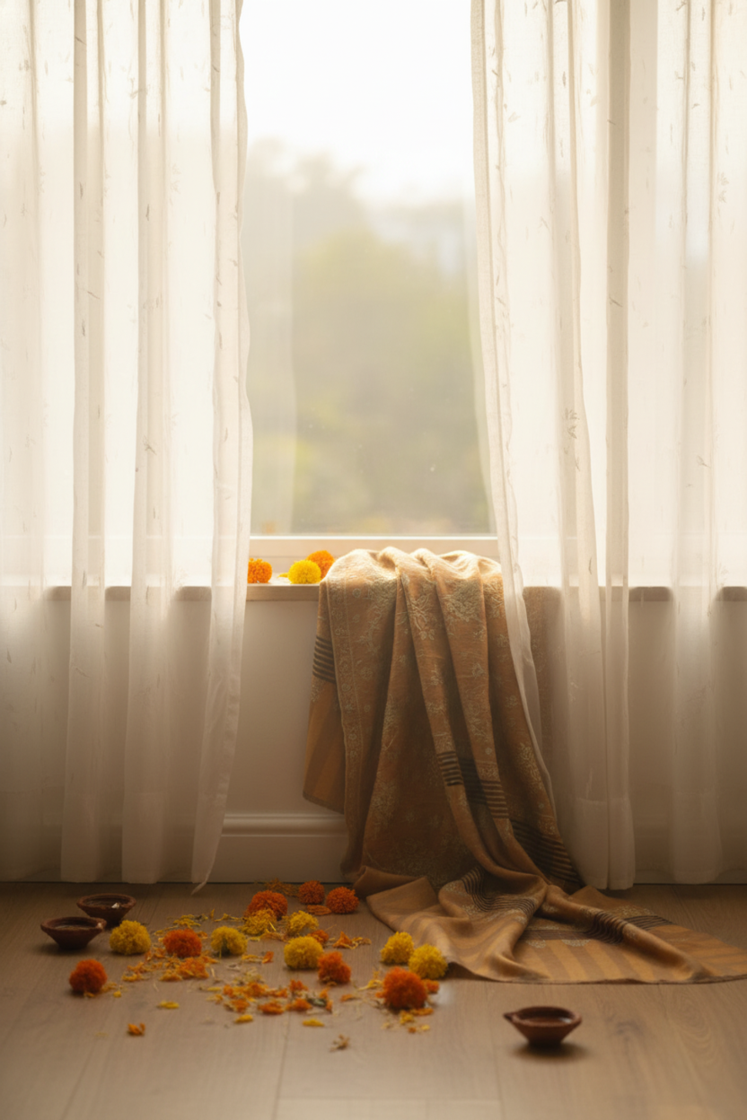 petals and diyas lie scattered across the floor, their glow faint in the daylight, badamwari zari shawl rests gracefully on the windowsill, catching the first rays of the sun, a quiet reminder of the warmth that lingers after celebration