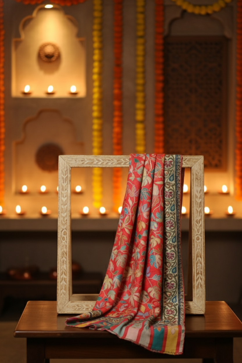 royal-crest-scarf-from-the-luxury-diwali-gift-collection-displayed-on-a-wooden-stand- surrounded-by-lit-diwali-diyas-creating-a-warm-and-festive-ambiance