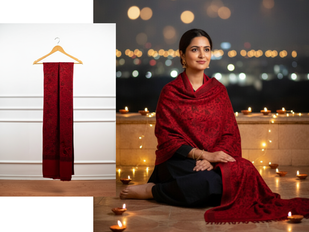 a woman draped in an elegant botanic trace shawl with intricate patterns, sitting peacefully surrounded by diwali diyas and fairy lights on a terrace at night. Next to her, the same red botanic trace shawl is displayed hanging on a wooden hanger