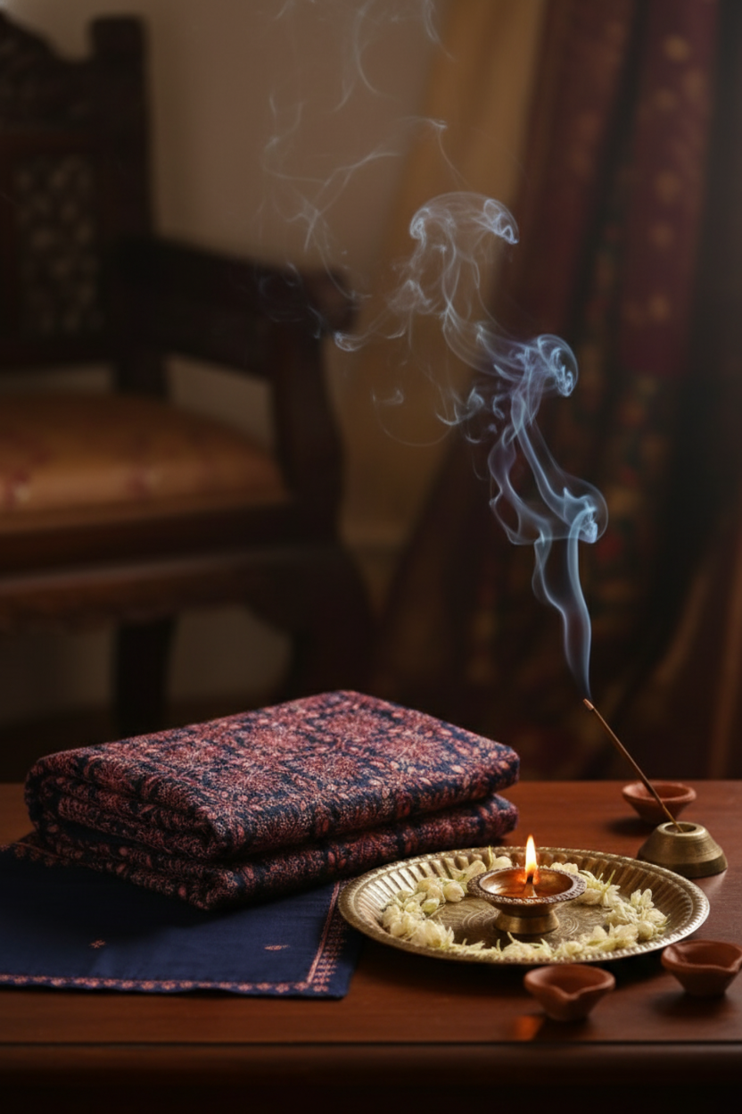a warm golden glow fills a quiet balcony, where a luxurious ember bloom rests draped over the railing, gently swaying in the evening breeze. Soft diya lights flicker along the edges, casting delicate shadows, while the twilight sky outside bathes the scene in a serene glow.