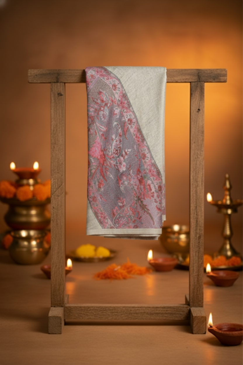 legacy-threads-pashmina-scarf-from-the-luxury-diwali-gift-collection-displayed-on-a-wooden-stand- surrounded-by-lit-diwali-diyas-creating-a-warm-and-festive-ambiance