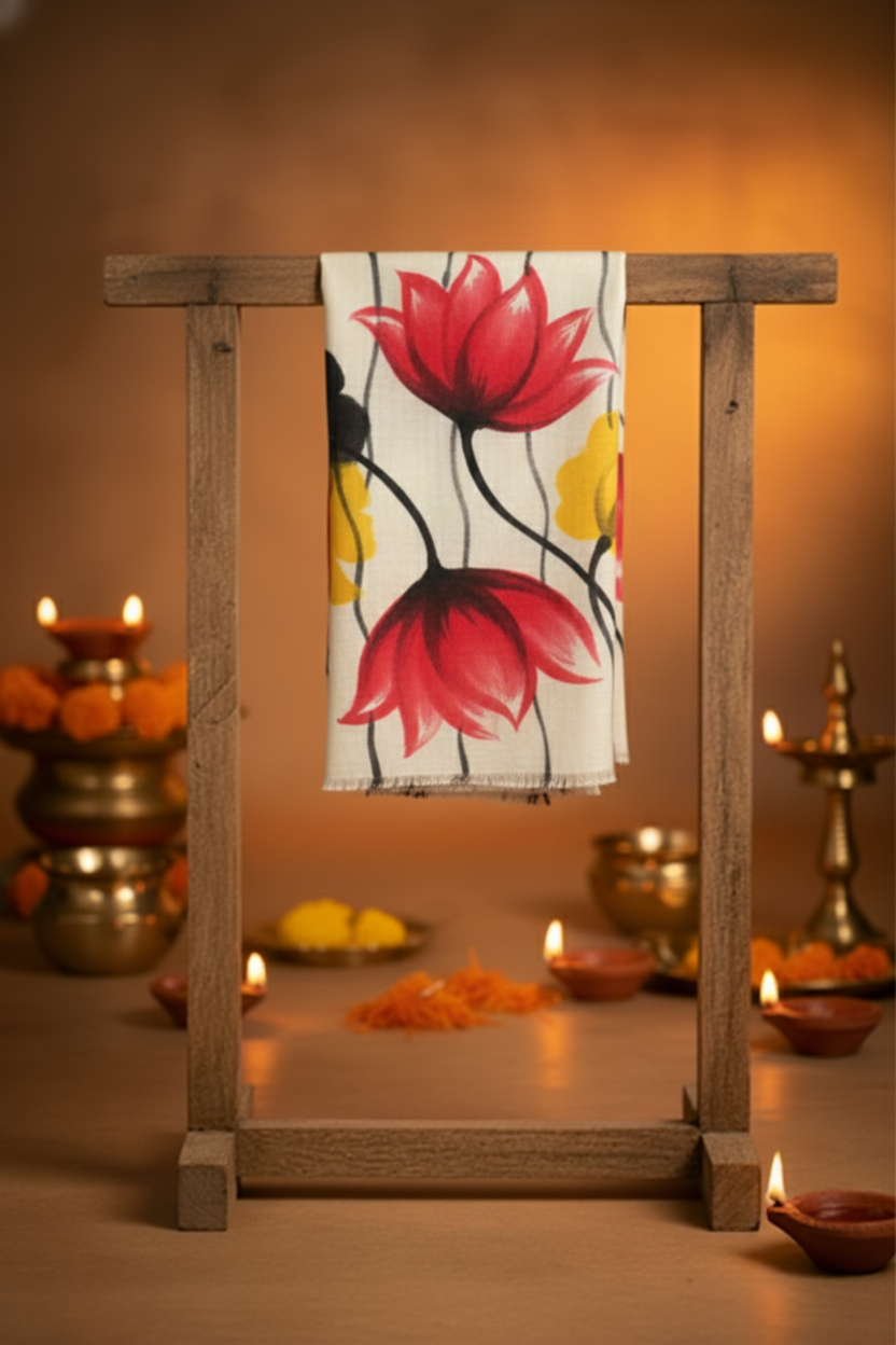 painted-dream-scarf-from-the-luxury-diwali-gift-collection-displayed-on-a-wooden-stand- surrounded-by-lit-diwali-diyas-creating-a-warm-and-festive-ambiance