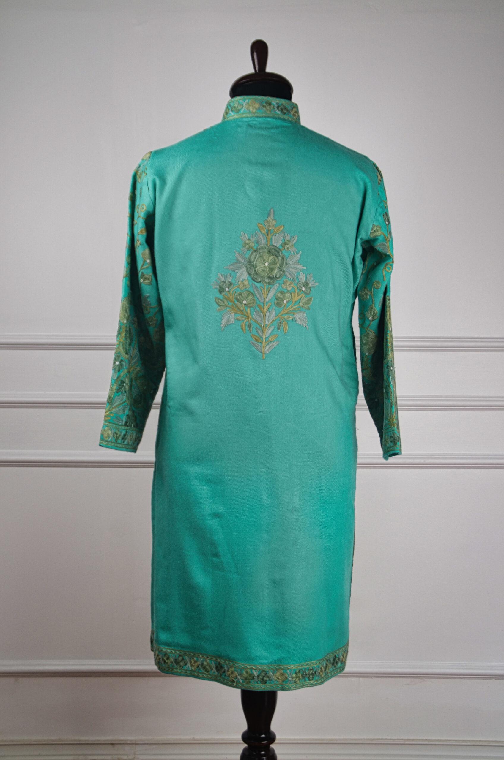 DSC_0846-scaled-600x906 The Emerald Whispers Kashmiri Long Woollen Jacket - Image 3