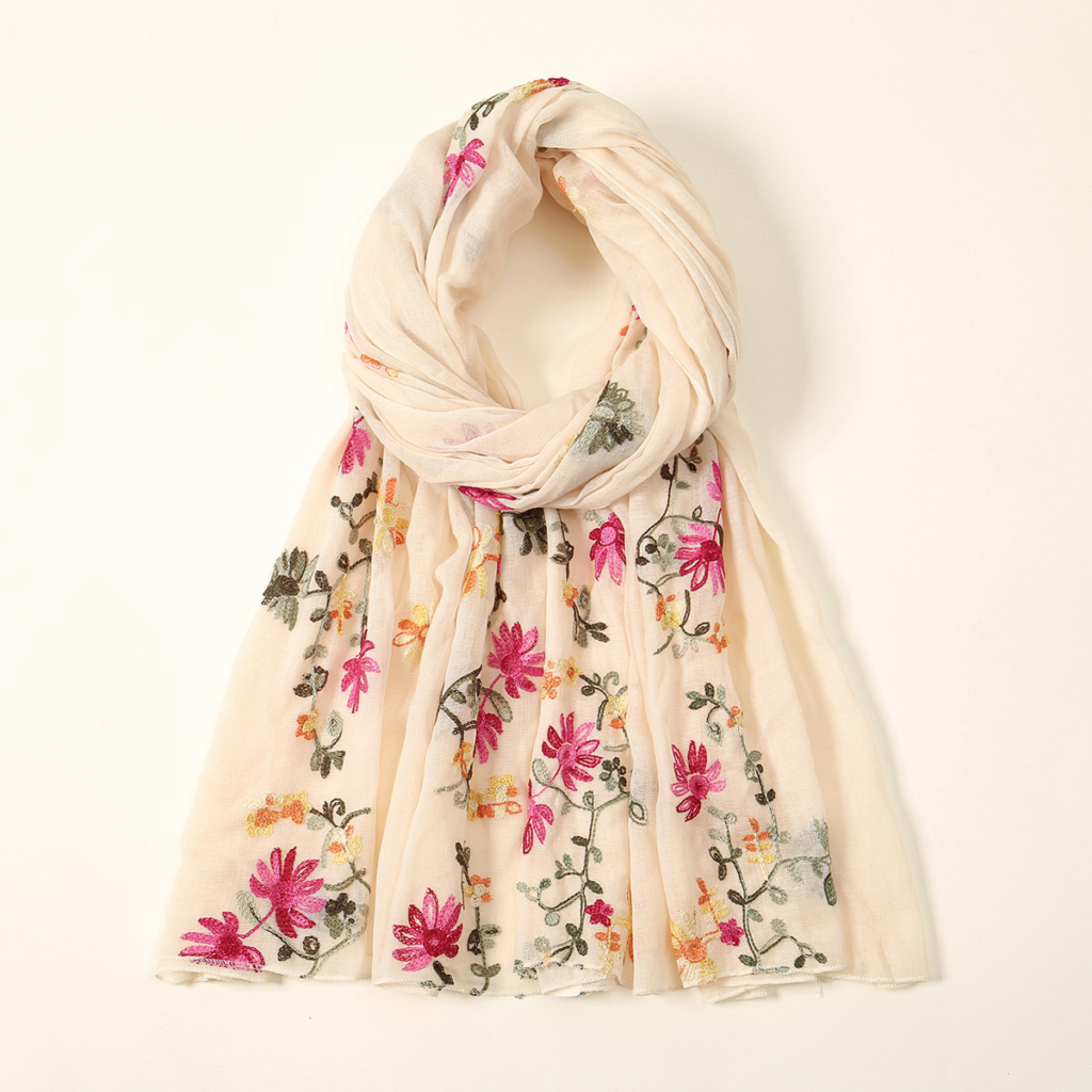 Floral Embroidered Light Beige Scarf