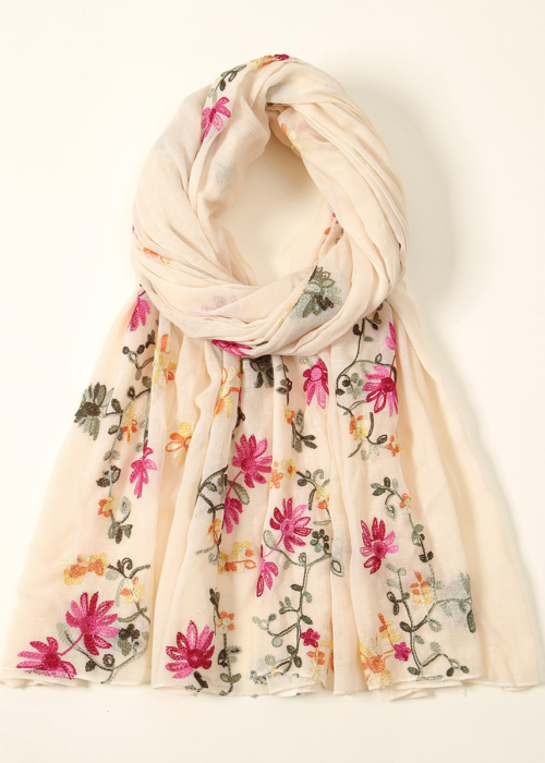Floral Embroidered Light Beige Scarf
