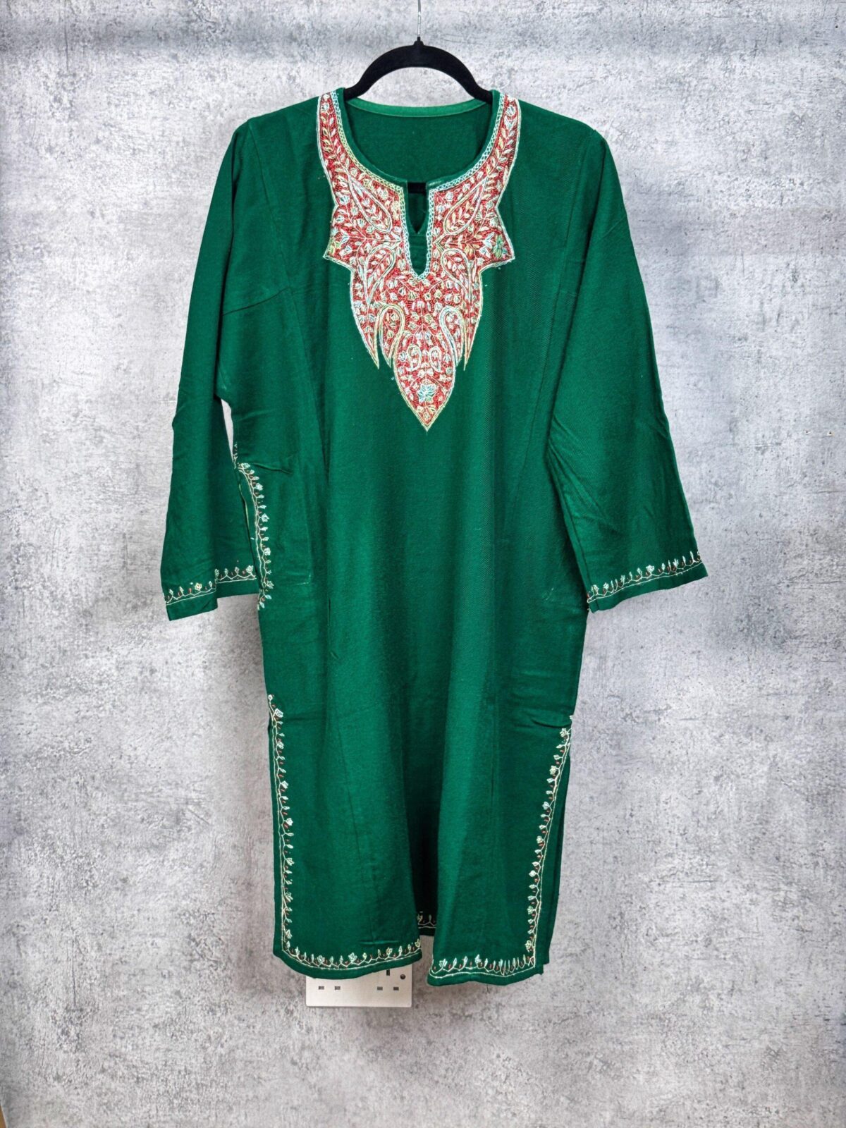 Zumarud Forest Green Acro Wool Pheran with Hand Needle Work