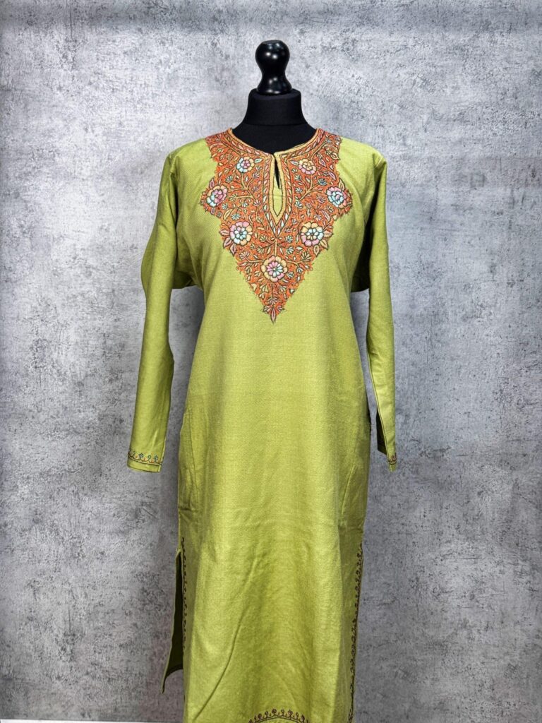 Naazira Olive Green Hand Needle Work Pheran