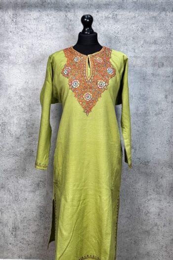 Naazira Olive Green Hand Needle Work Pheran