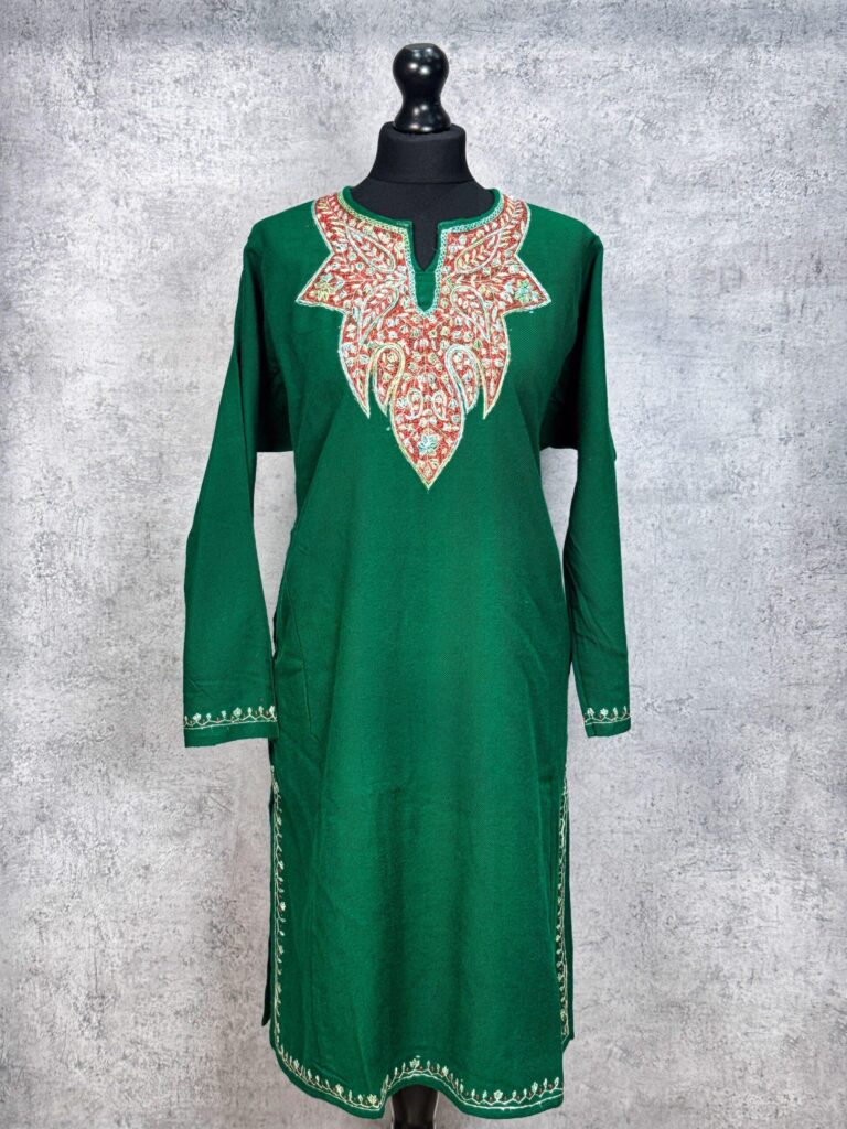 Zumarud Forest Green Acro Wool Pheran with Hand Needle Work