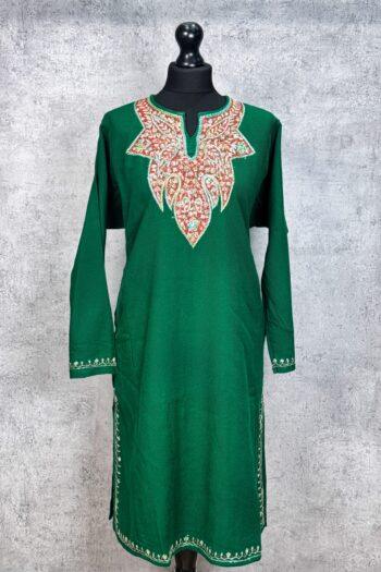 Zumarud Forest Green Acro Wool Pheran with Hand Needle Work