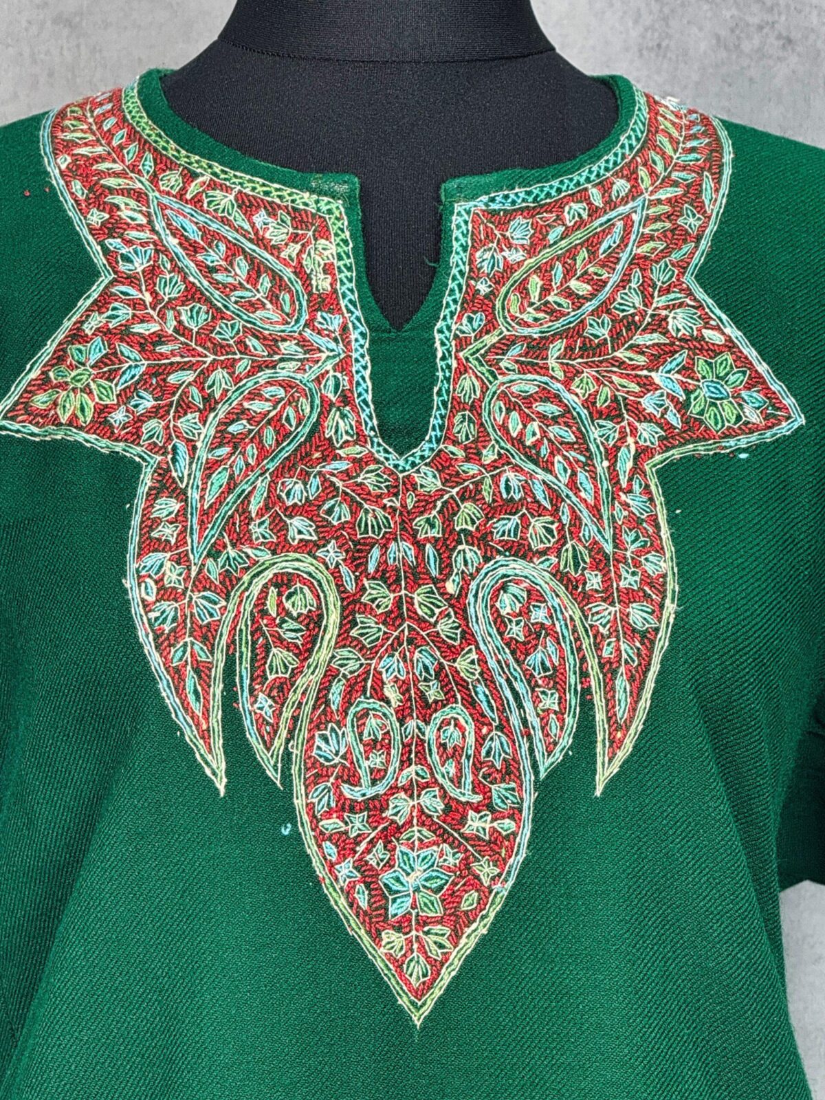 Zumarud Forest Green Acro Wool Pheran with Hand Needle Work