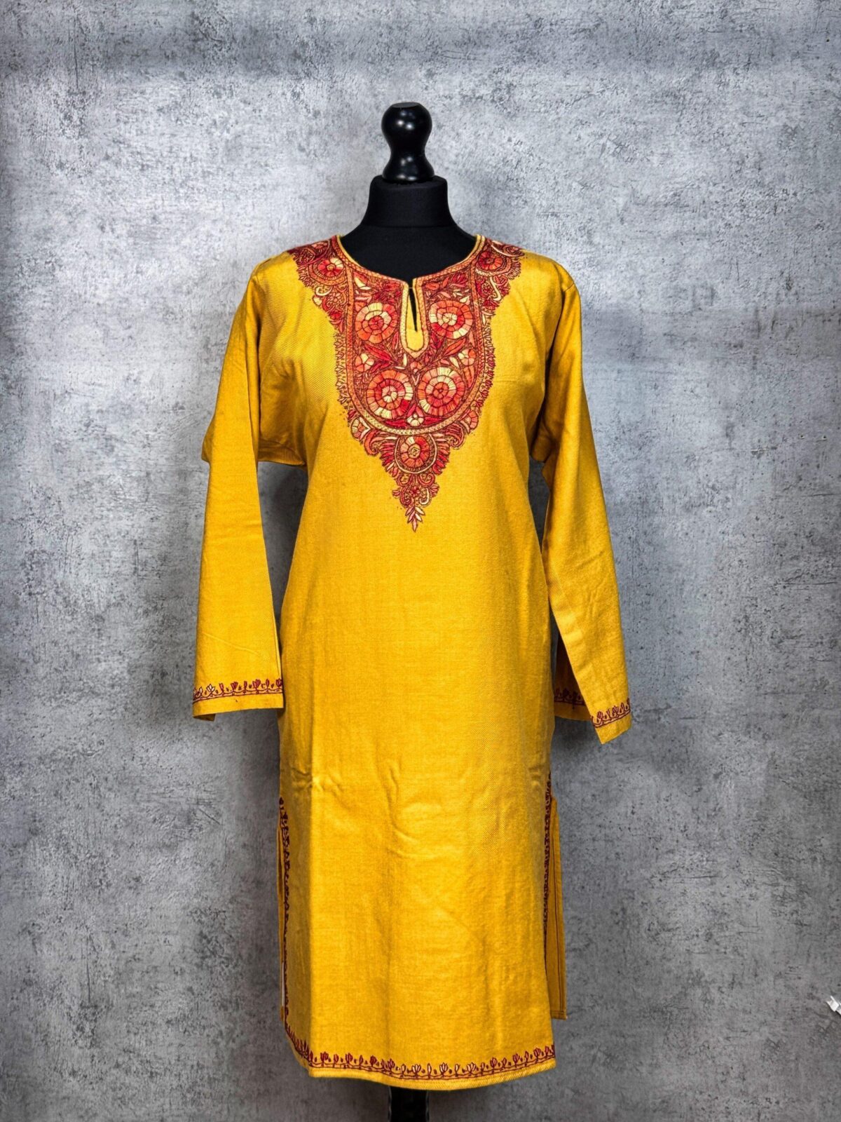 Amberin Mustard Acro Wool Pheran with Hand Needle Work