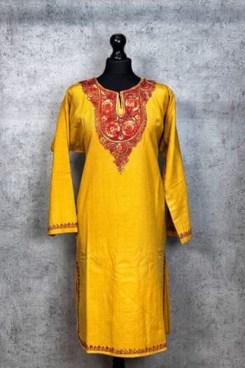 Amberin Mustard Acro Wool Pheran with Hand Needle Work