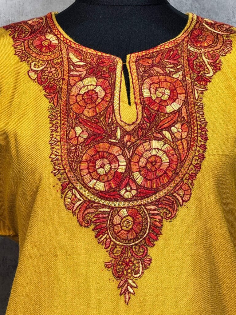 Amberin Mustard Acro Wool Pheran with Hand Needle Work