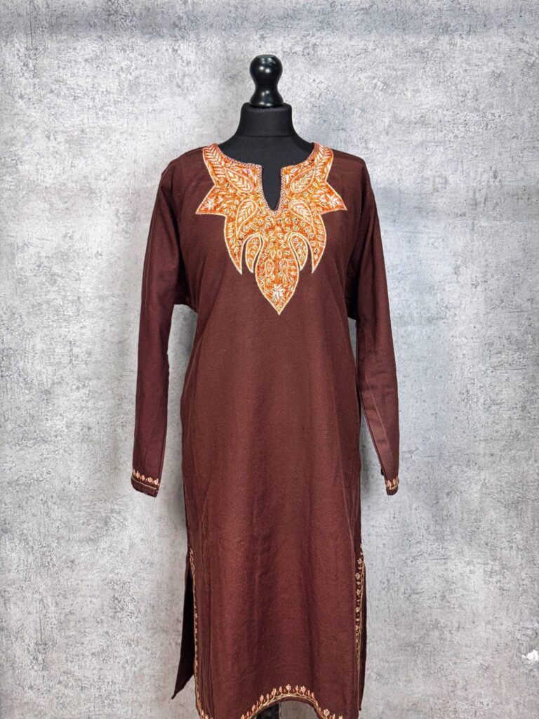 Zaheen Chestnut Hand Needle Work Pheran