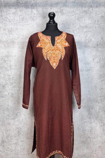 Zaheen Chestnut Hand Needle Work Pheran