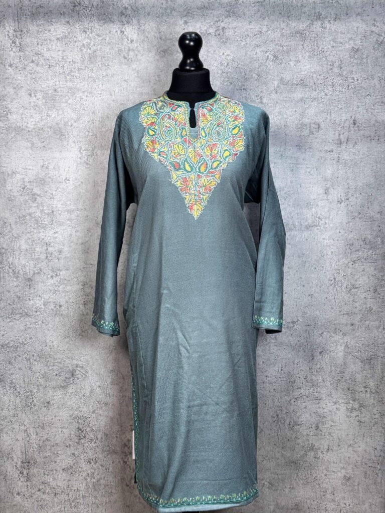 Afsana Sage Green Hand Needle Work Pheran