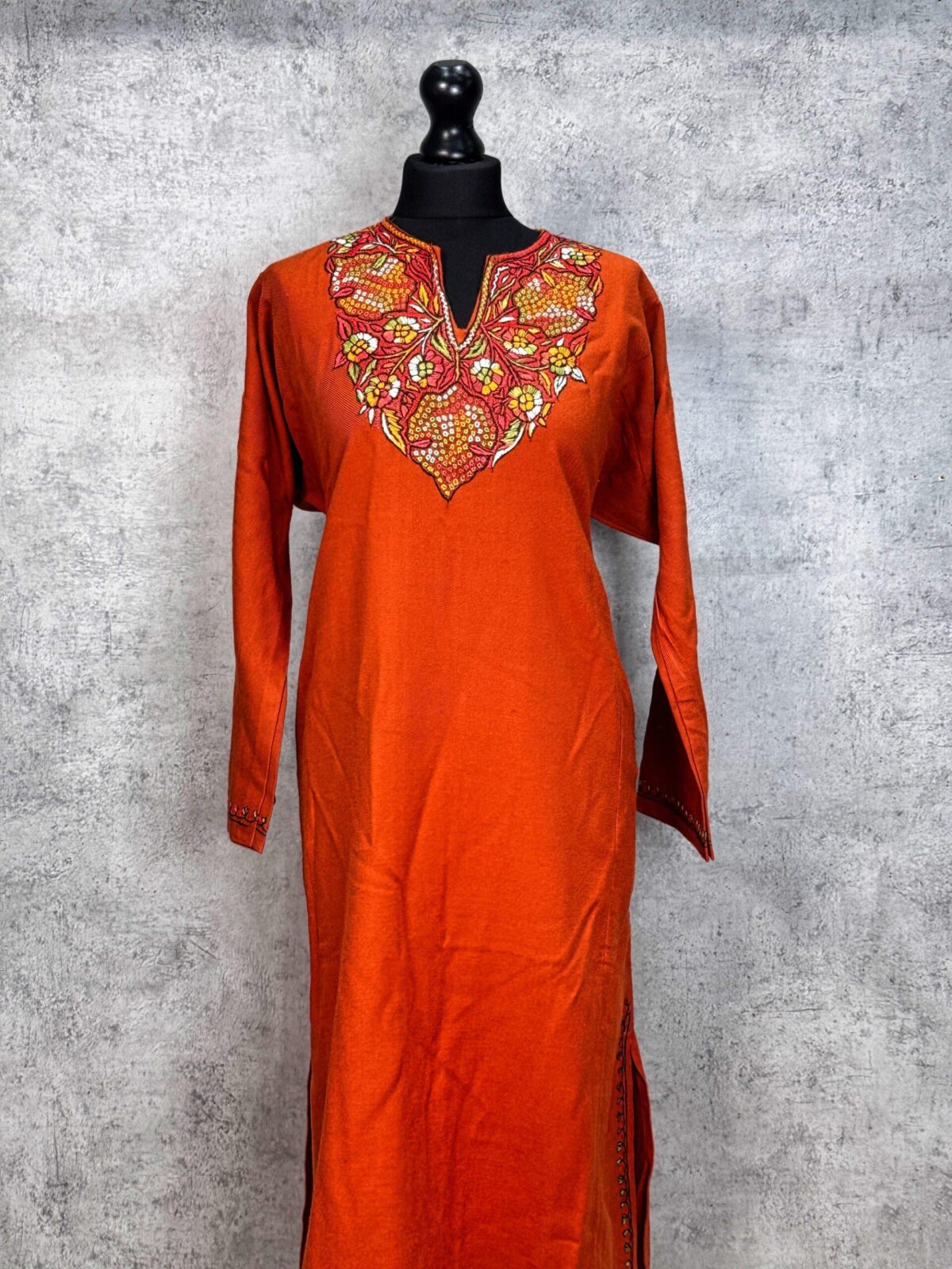 Zehra Burnt Cinnamon Acro Wool Pheran with Hand Needle Work