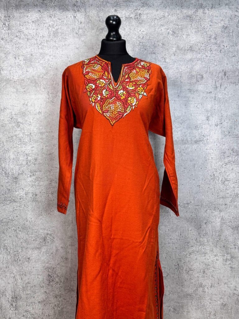 Zehra Burnt Cinnamon Acro Wool Pheran with Hand Needle Work