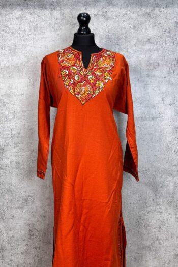 Zehra Burnt Cinnamon Acro Wool Pheran with Hand Needle Work