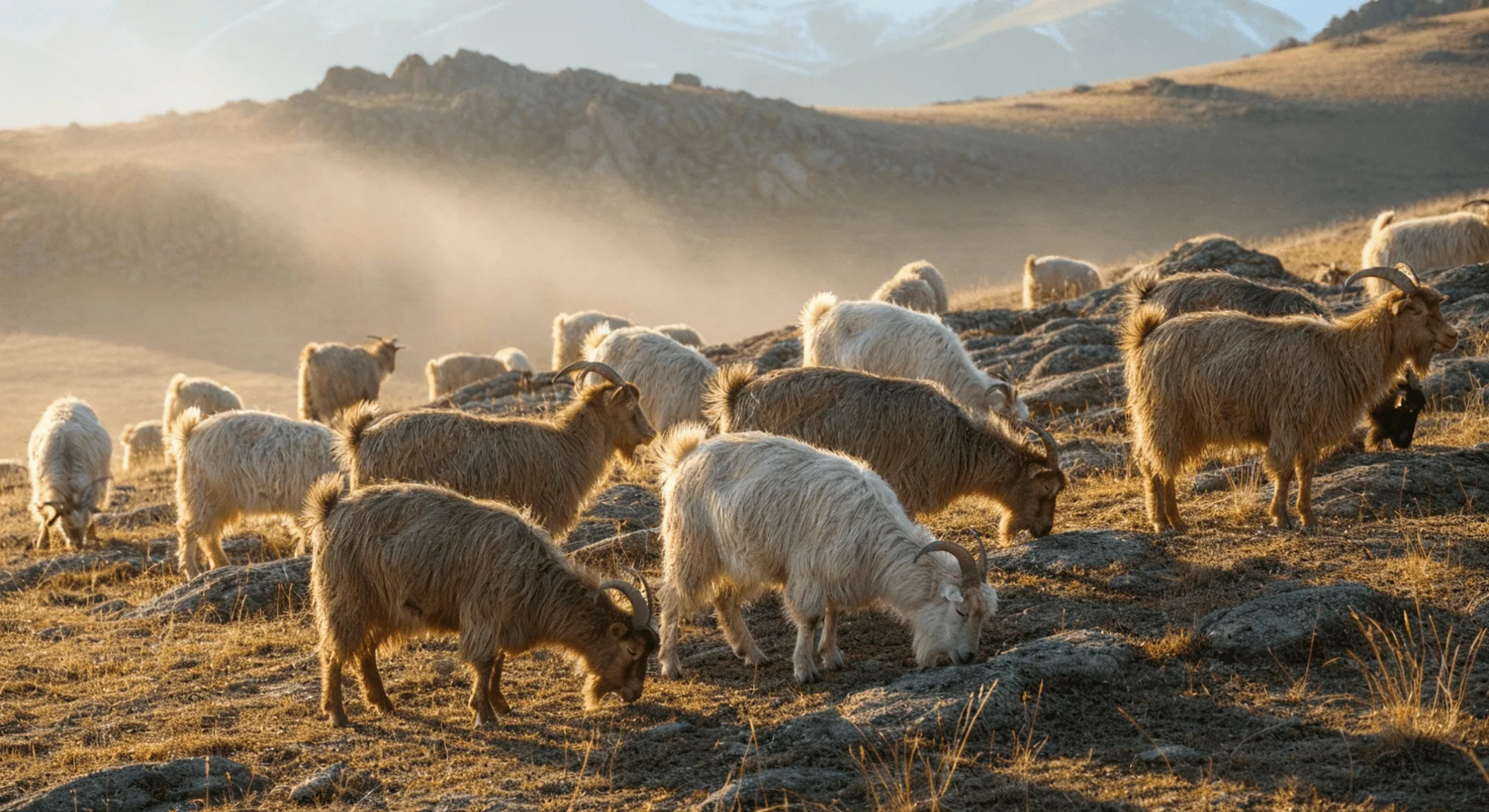 A cashmere goat herd grazing on the Mongolian steppe at first light