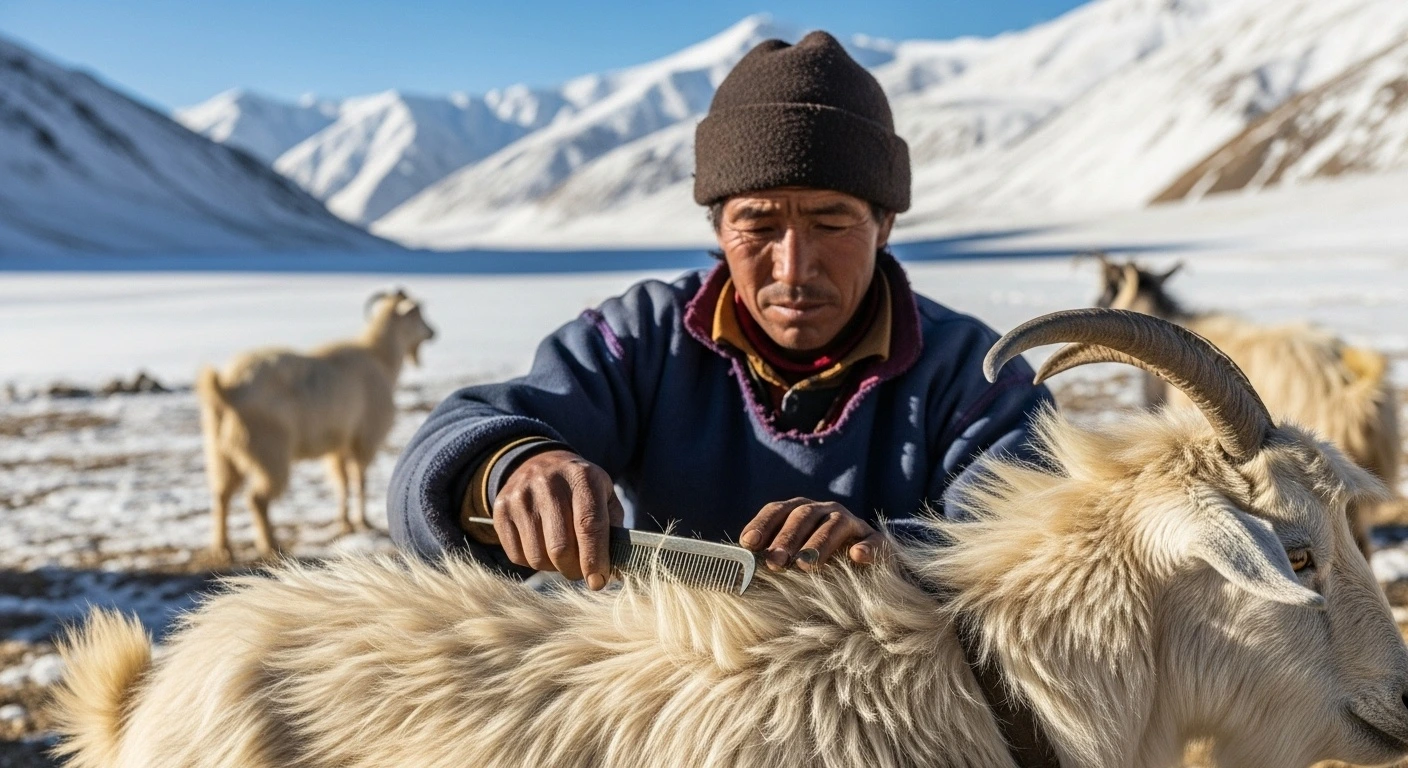 A herder combing fleece from a Changthangi goat in the mountains of Ladakh