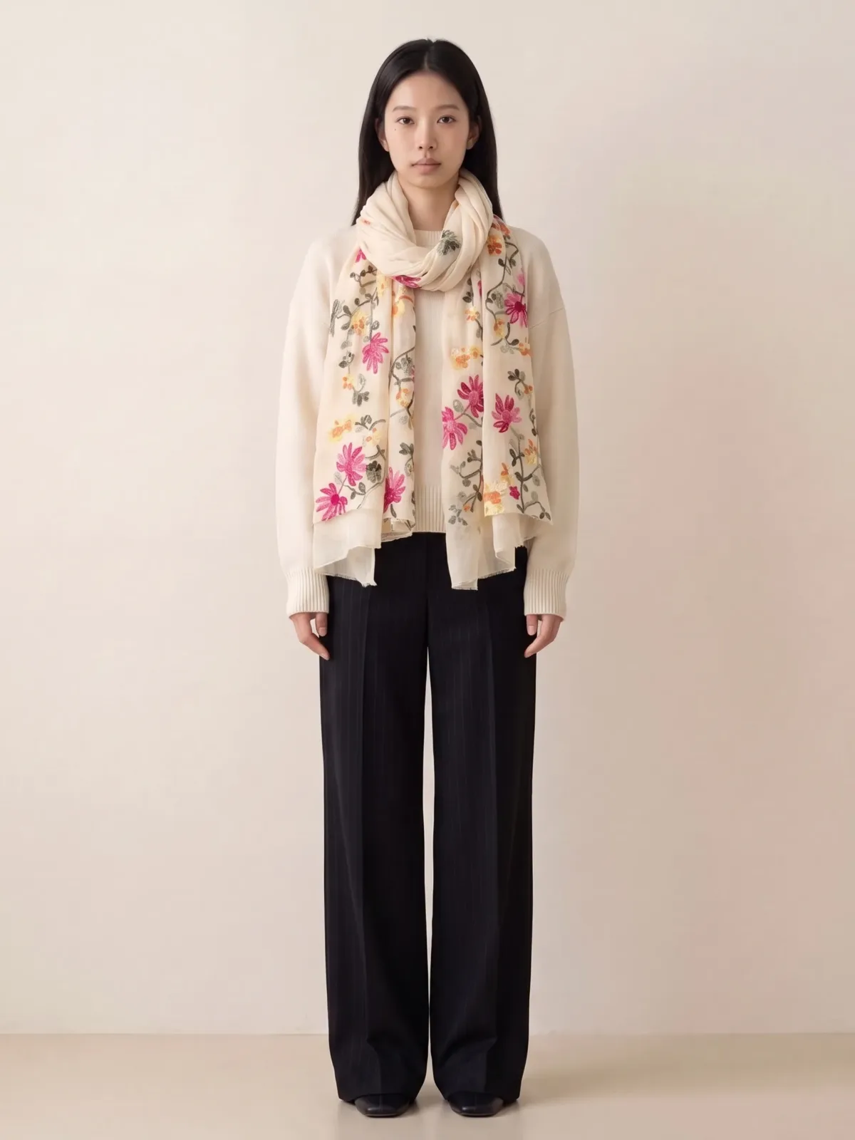 Floral Embroidered Light Beige Scarf