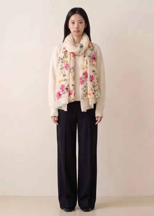 Floral Embroidered Light Beige Scarf