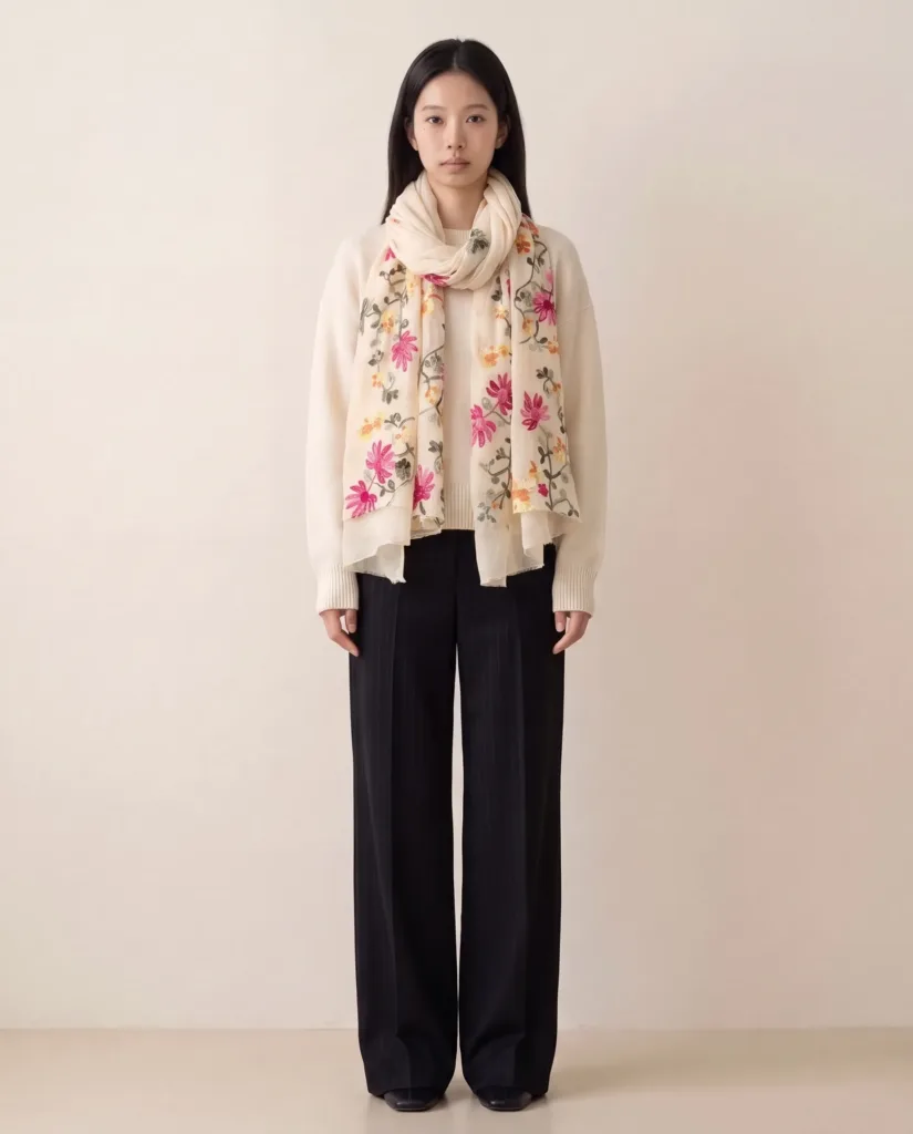 Floral Embroidered Light Beige Scarf