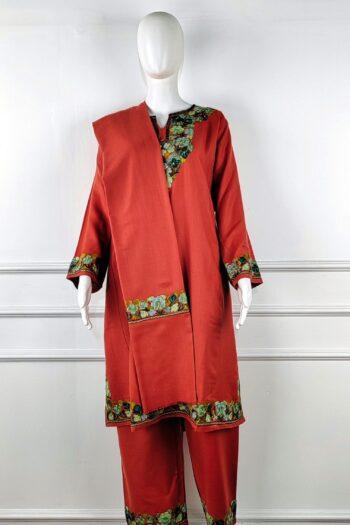 Mehr-e-Surkh Aari Embroidered Acro Wool Pheran Set (Pheran, Scarf & Trousers)