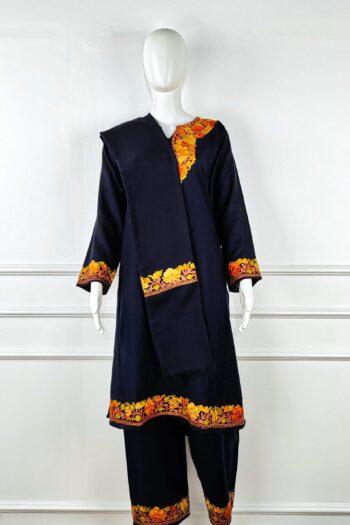 Zard-e-Shab Aari Embroidered Acro Wool Pheran Set (Pheran, Scarf & Trousers)