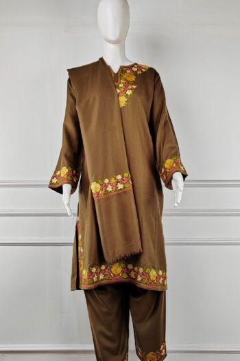 Zarif Aari Embroidered Acro Wool Pheran Set (Pheran, Scarf & Trousers)