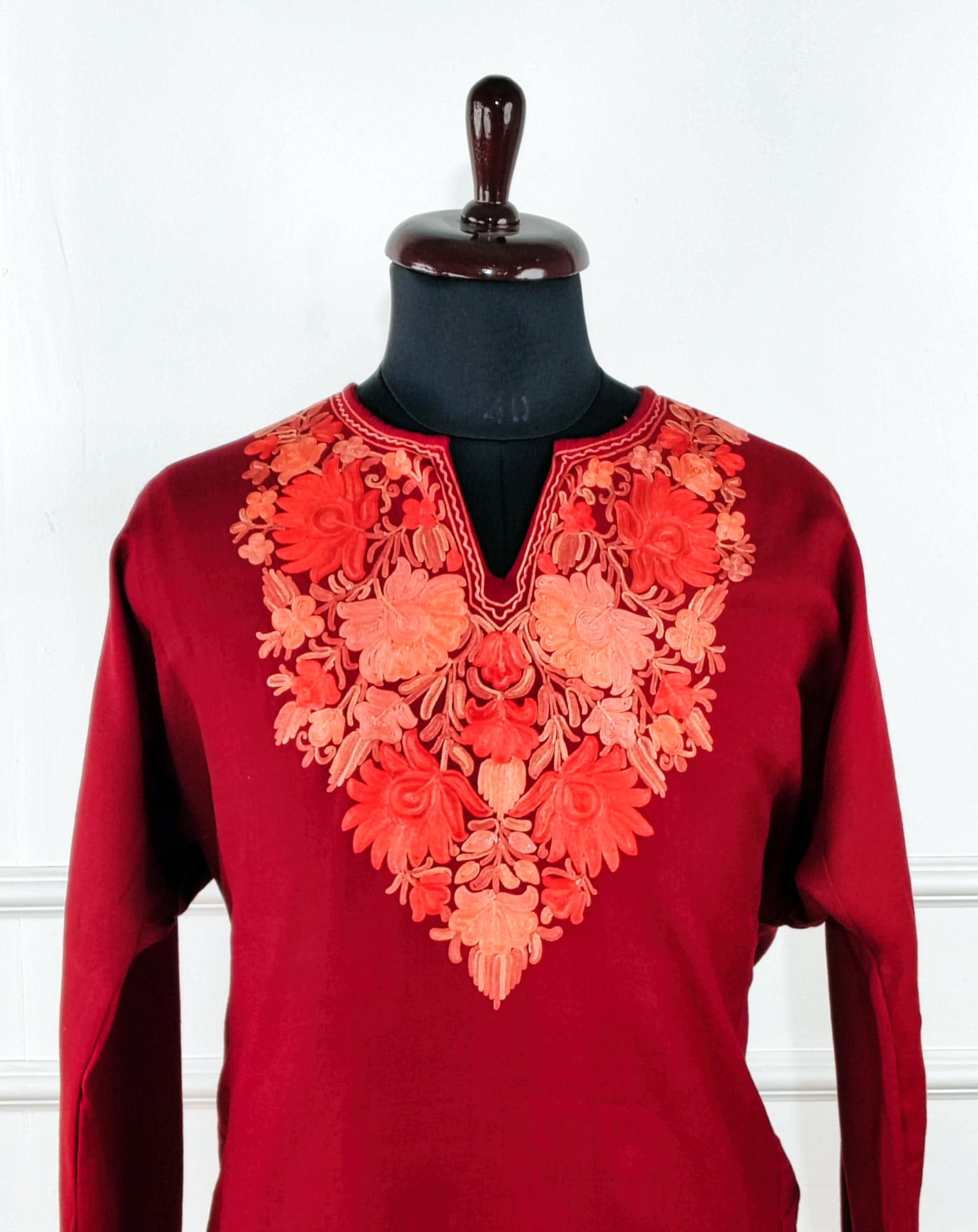 1c-2-600x755 Surkh-e-Gulnaar Aari Embroidered Wool Pheran - Image 2