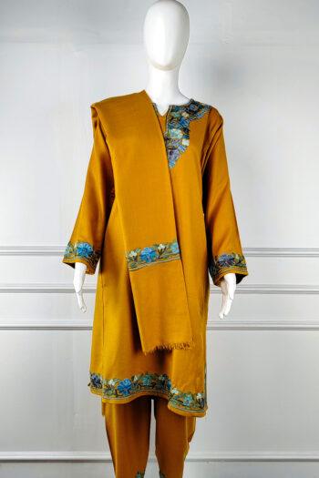 Saffron Neel Aari Embroidered Wool Pheran