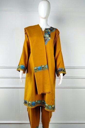 Saffron Neel Aari Embroidered Acro Wool Pheran Set (Pheran, Scarf & Trousers)