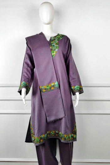 Shaam-e-Banafsha Aari Embroidered Acro Wool Pheran Set (Pheran, Scarf & Trousers)