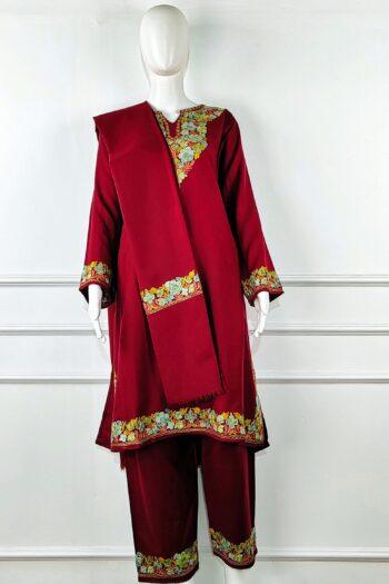 Laal Gulshan Aari Embroidered Acro Wool Pheran Set (Pheran, Scarf & Trousers)