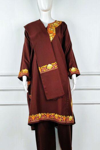 Rang-e-Zardkhiz Aari Embroidered Acro Wool Pheran Set (Pheran, Scarf & Trousers)