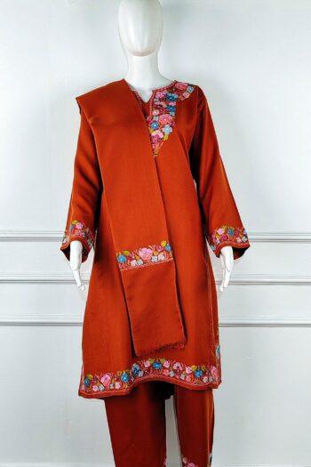 Gulnaar-e-Aatish Aari Embroidered Acro Wool Pheran Set (Pheran, Scarf & Trousers)