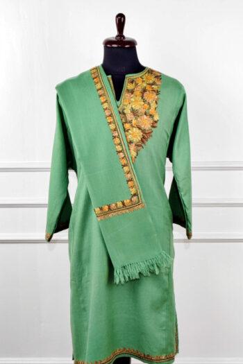 Zard-Gul Sabz Aari Embroidered Wool Pheran