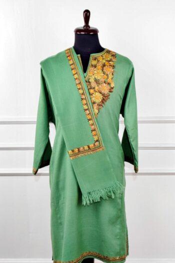 Zard-Gul Sabz Aari Embroidered Wool Pheran