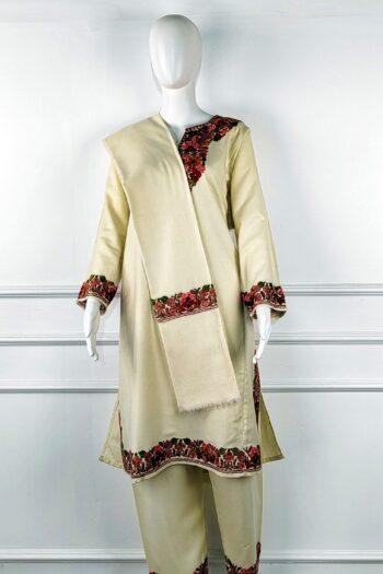 Gul-e-Kashan Aari Embroidered Acro Wool Pheran Set (Pheran, Scarf & Trousers)