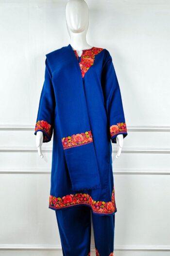 Gulzar-e-Kabood Aari Embroidered Acro Wool Pheran Set (Pheran, Scarf & Trousers)