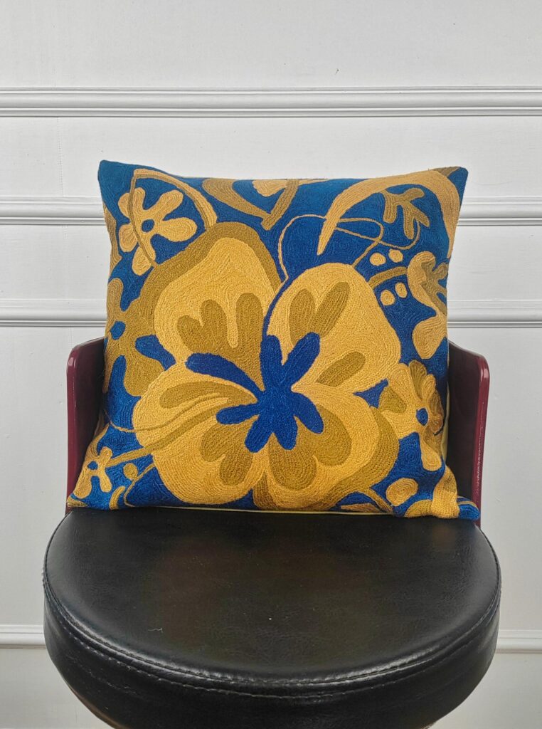 Cobalt Gold Bloom Kashmiri Cushion Cover